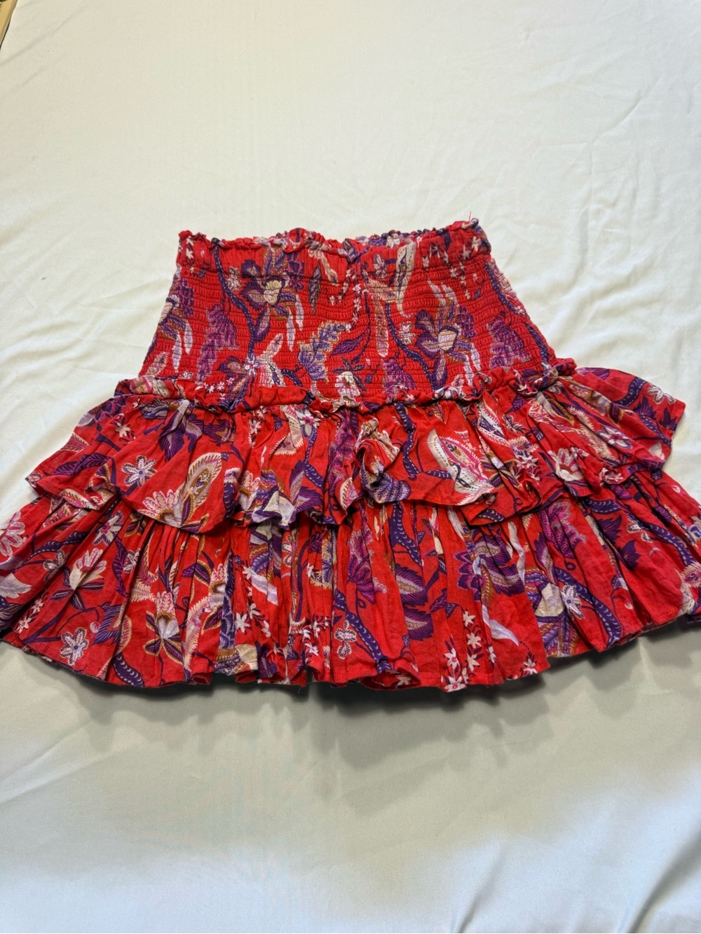 Sundry Red Floral Tiered Ruffle Mini Skirt